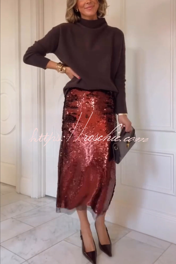 Upper East Chic Sequin Mesh Trim High Rise Slit Pencil Midi Skirt