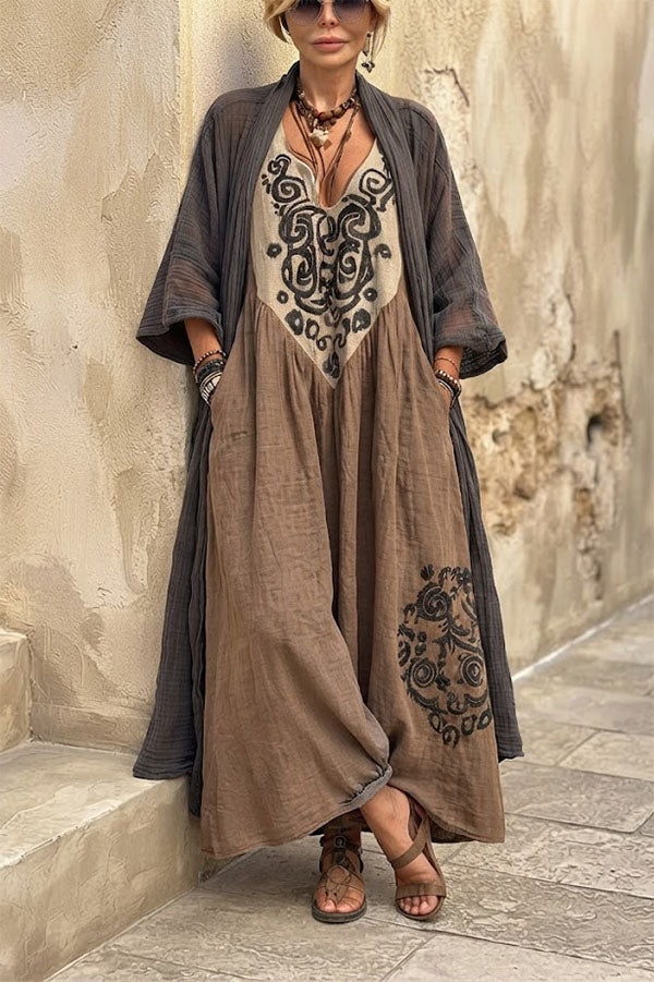 boho dress with cardigan Embroidered Maxi & Two-Piece Set worn open belt Sold at Auction: An Options:3/8