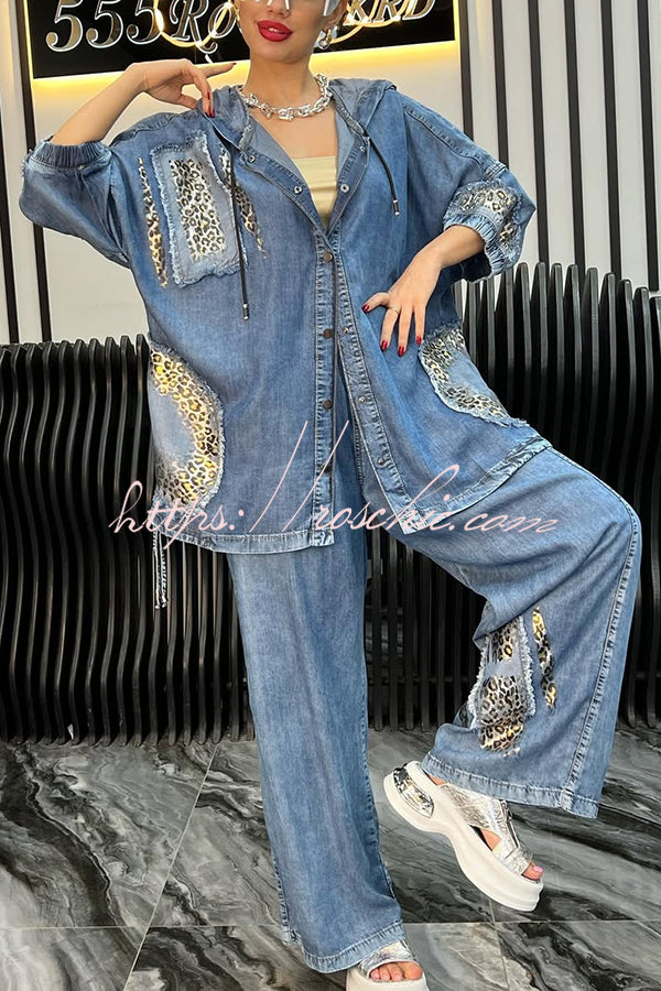 Fashion Loose Hooded Leopard Print Pocket Top and Casual Wide-leg Pants Set