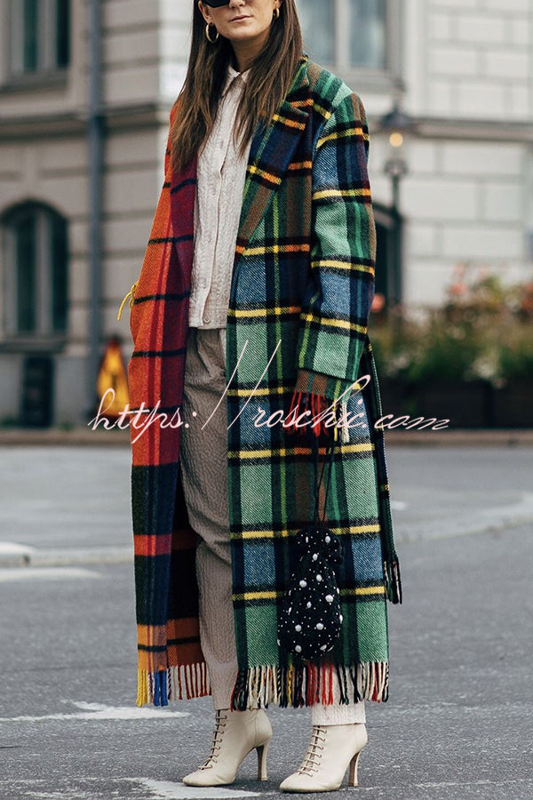 Fashionable Color-block Plaid Print Lapel Long-sleeved Casual Long Coat