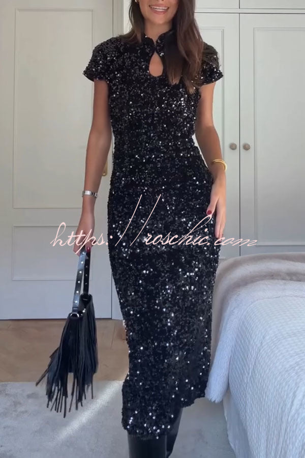 Cheongsam Style Velvet Sequin Stand Neck Short Sleeve Slit Midi Dress