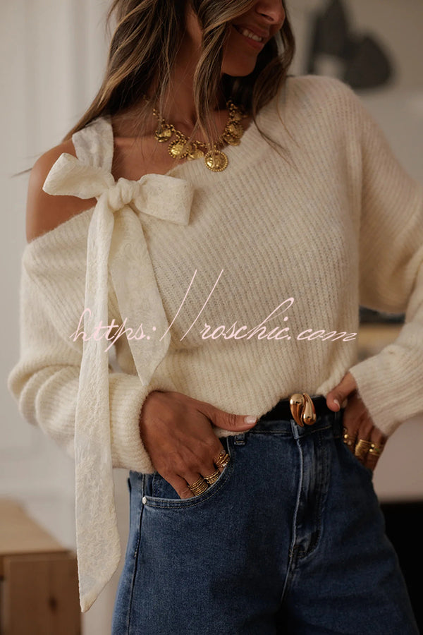 Solid Color Bow Tie Long-sleeved Casual Knit Sweater