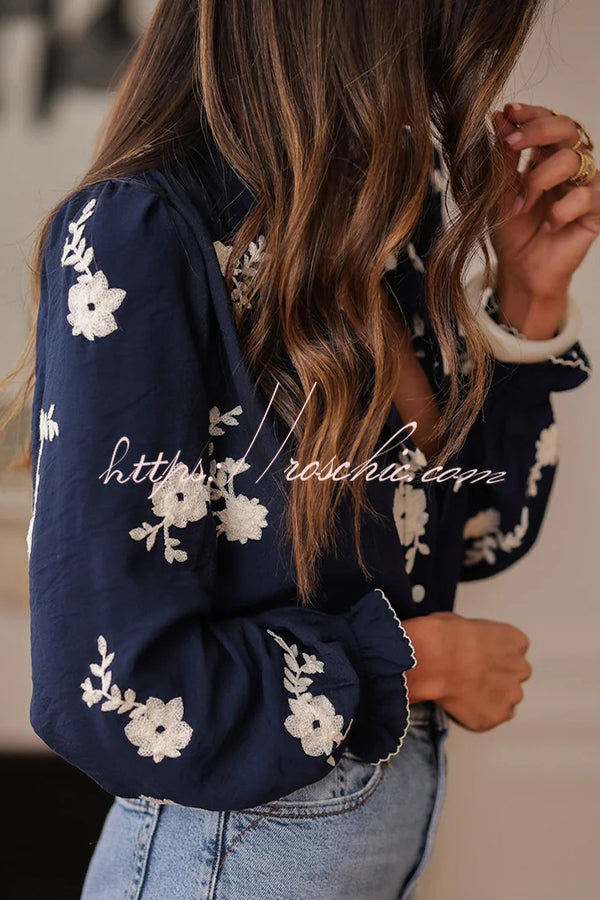 Floral Embroidery Long-Sleeved Button-Up Elegant Shirt