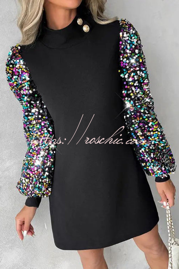 Color Block Turtleneck Balloon Sleeves Sequined Button Mini Dress