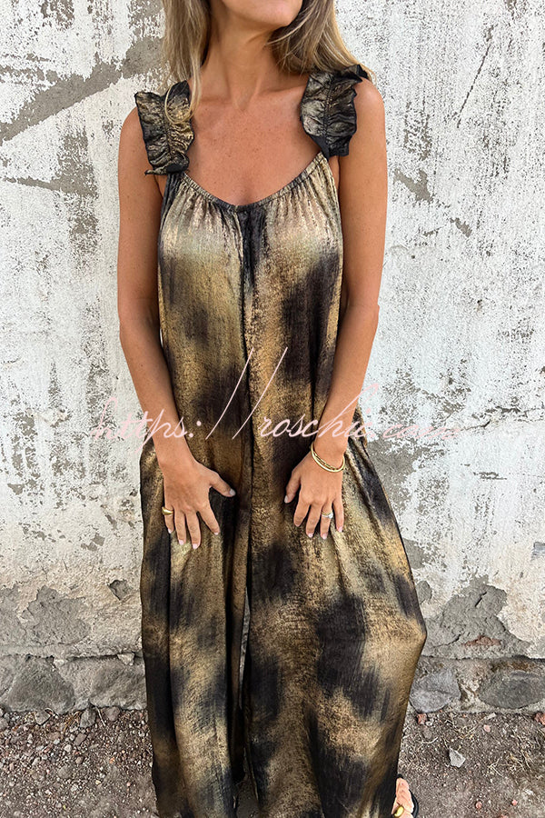 Fashionable Gold-stamped Suspenders Loose Pocket Wide-leg Jumpsuit