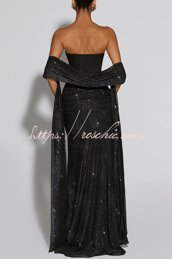 Paula Sequined Mesh and Jersey Off Shoulder Ruched Knot Drape Shawl Maxi Dress