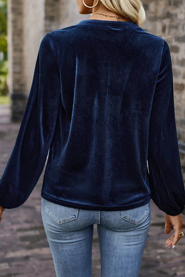 Solid Color Velvet V-neck Long-sleeved Loose Button Top