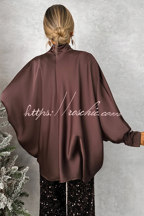 Chic and Merry Satin Bow Neck Batwing Sleeve Loose-fitting Blouse