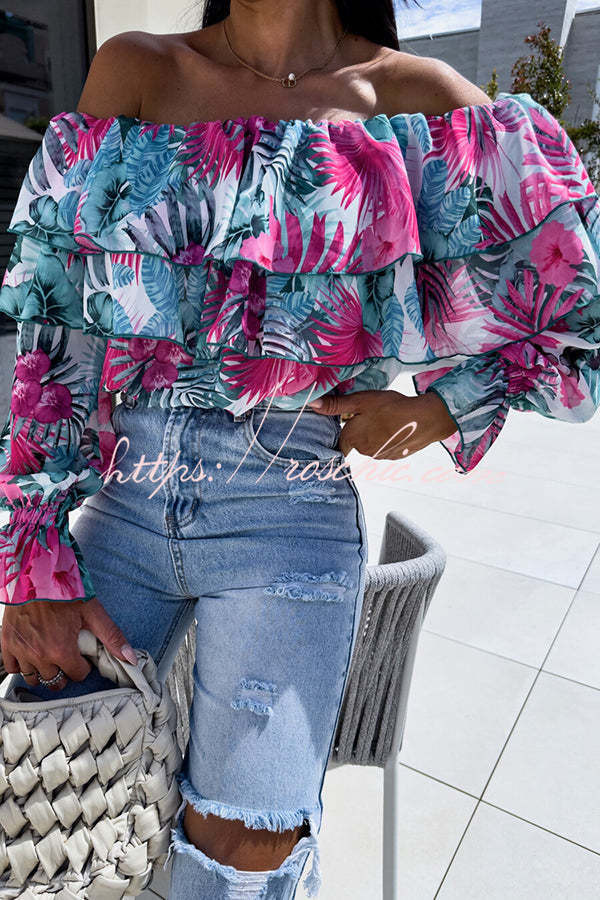 Colorful Botanical Print Sexy Off-shoulder Ruffle Top