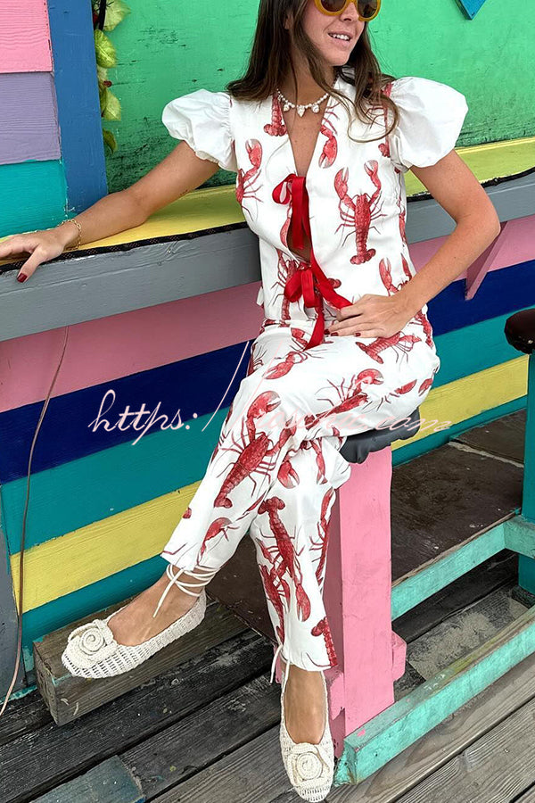 Fun Vacation Lobster Print High Rise Straight Pants