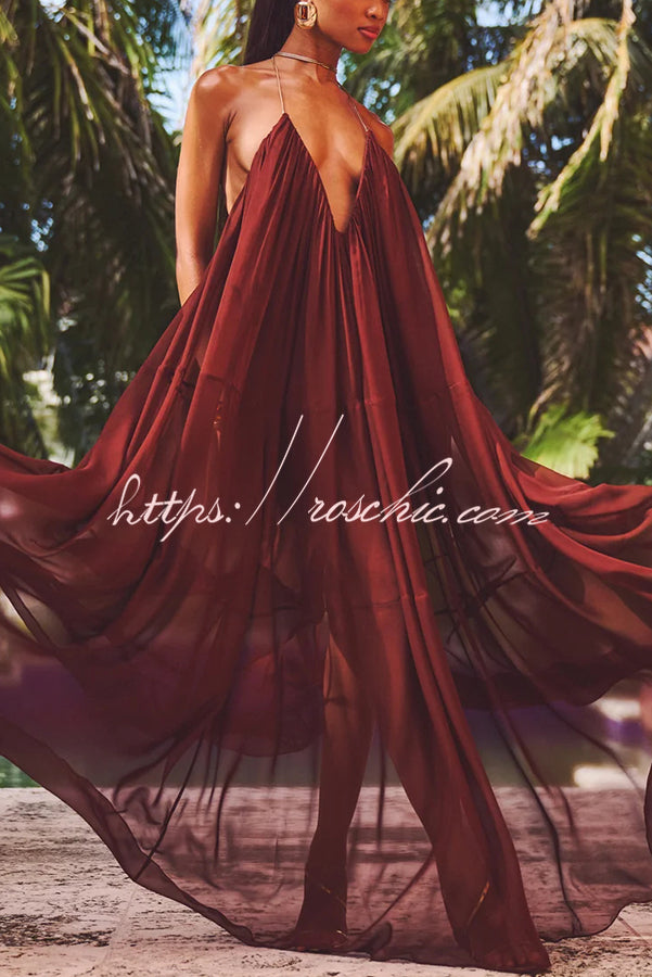 Flowing Lightweight Chiffon Chain Halter Neck Detail Backless A-line Maxi Dress