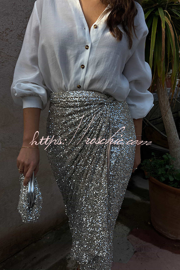 Disco Dancing Queen Sequin Wrap Tie-up Slit Midi Skirt