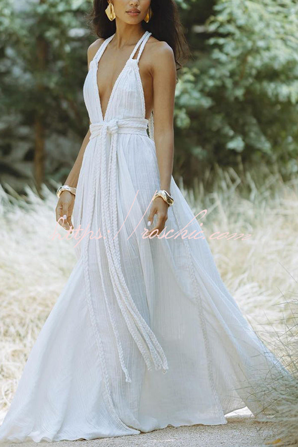 Summer Whispers Linen Blend Draped Braids Deep V-neck Halter Backless   roschic