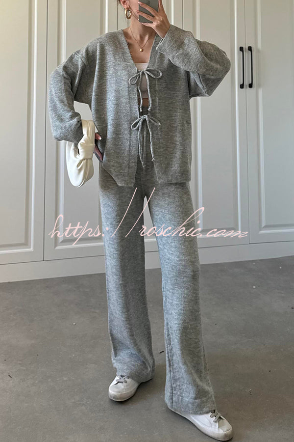 Solid Color V-neck Tie Long-sleeved Loose Knit Cardigan and Elastic Waist Casual Straight Leg Pants Set