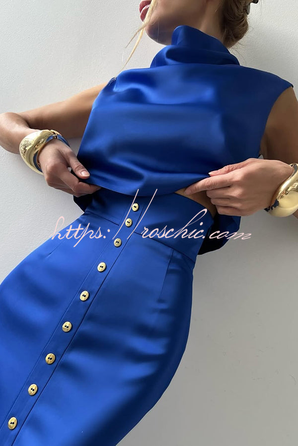 Solid Color Casual Sleeveless Crop Top and Elegant Button-down Maxi Skirt Set