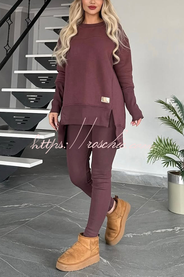 Solid Color Crew Neck Long Sleeve Top and Casual Stretch Pants Set