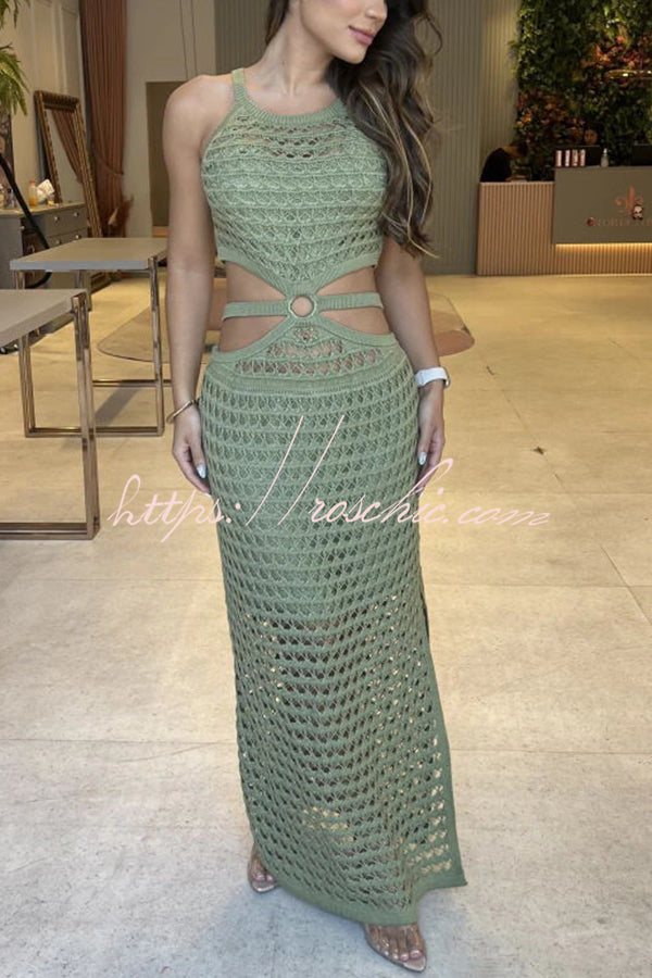 Stunning Gaze Knit Texture Ring Side Waist Cutout Stretch Maxi Dress