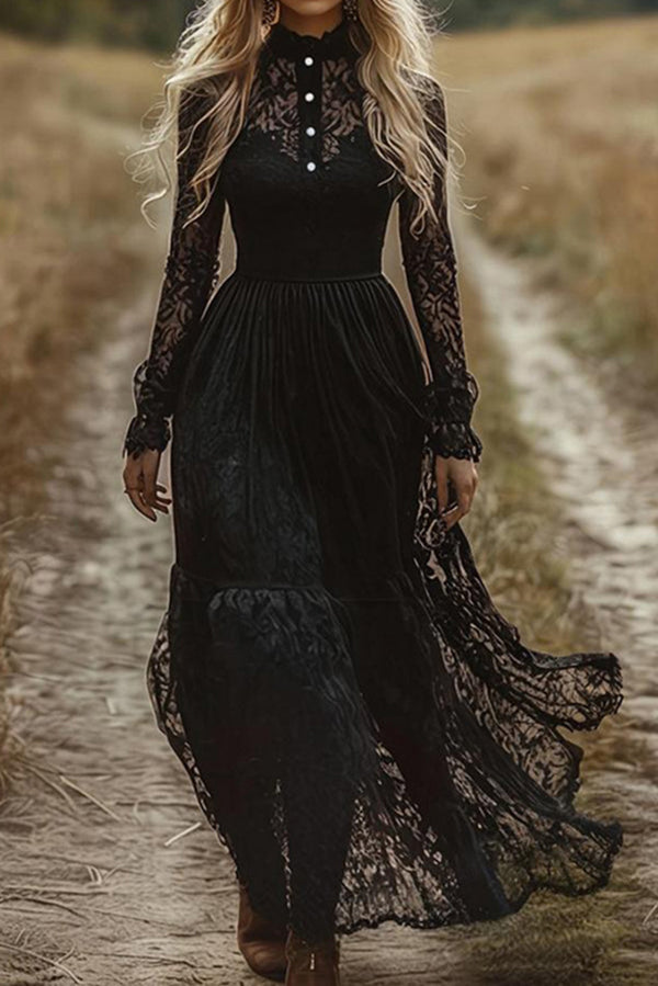 Solid Color Hollow Lace Long Sleeve Slim Maxi Dress