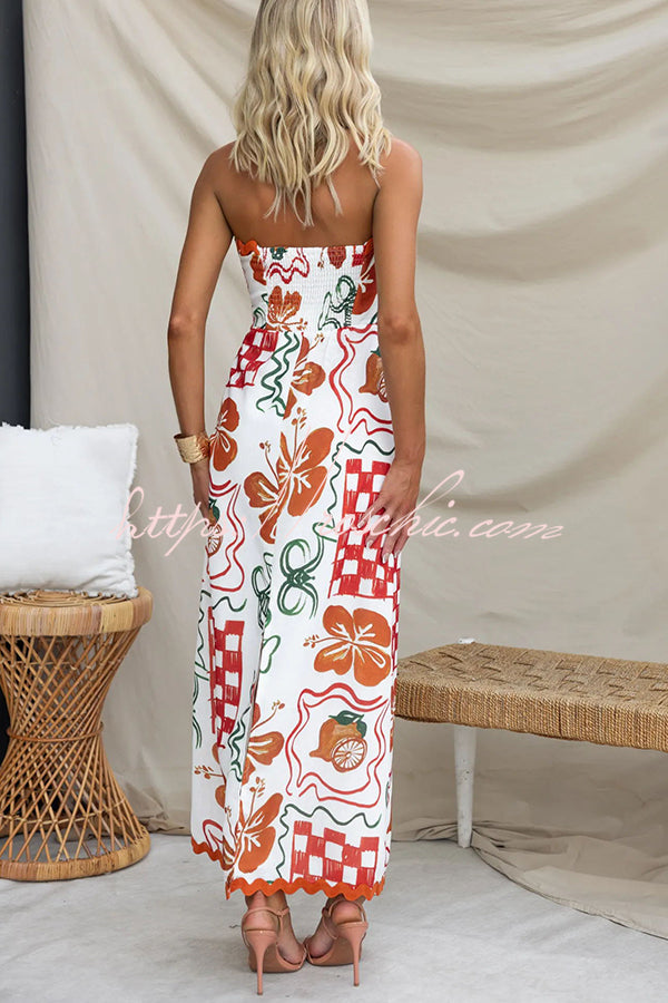 Cypress Unique Print Ric Rac Trim Back Smocked Strapless Maxi Dress