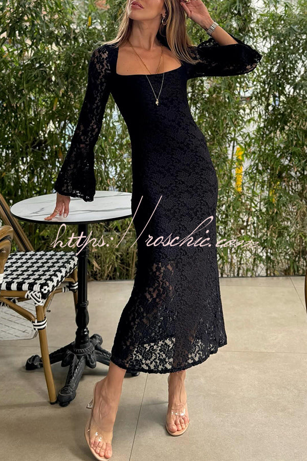 Luxe Lifestyle Lace Square Neck Bell Sleeve Lined Slit Midi Dress