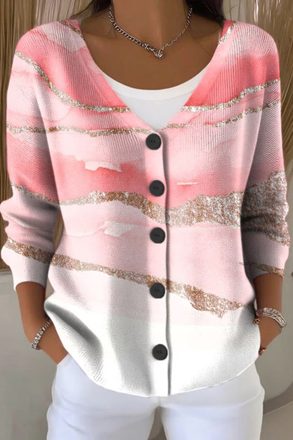 Unique Print V-Neck Long Sleeve Casual Knit Cardigan
