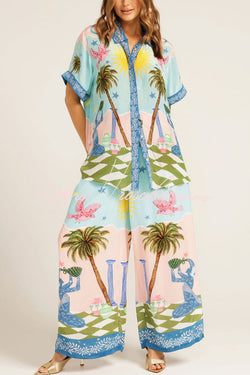 Summer Vacation Printed Short-sleeved Loose Shirt and Elastic Waist Pocket Pants Set