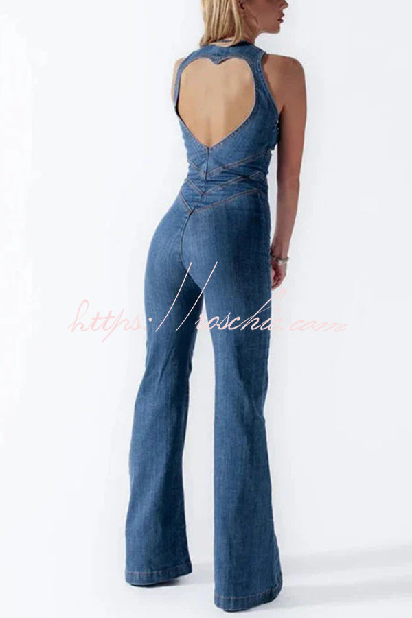 Fashionable Heart Hollow Back Slim High Waist Flared Denim Jumpsuit