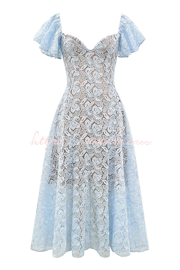 Romantic Atmosphere Bluebell Lace Butterfly Sleeve Sweetheart Neck Stretch Midi Dress