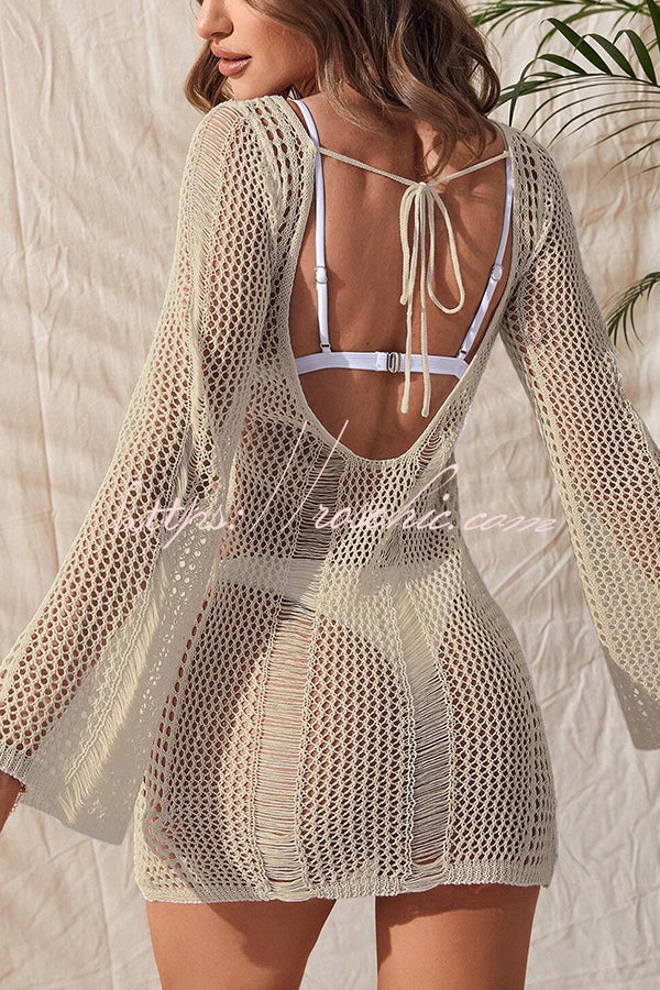 Attractive Knitted Cutout V Neck Tie Back Long Sleeve Sun Cover Up