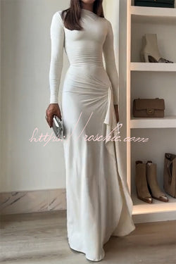 Venus Long Sleeve Ruched Side Slit Drape Ruffles Back Lace-up Stretch Maxi Dress