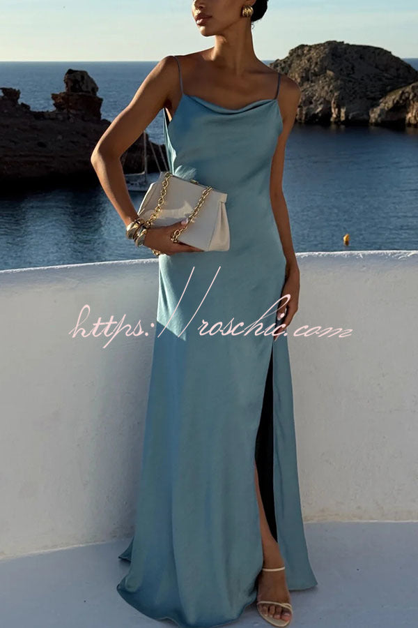 Flowing Elegance Satin Draped Neck Backless Ruffle Slit Maxi Dress