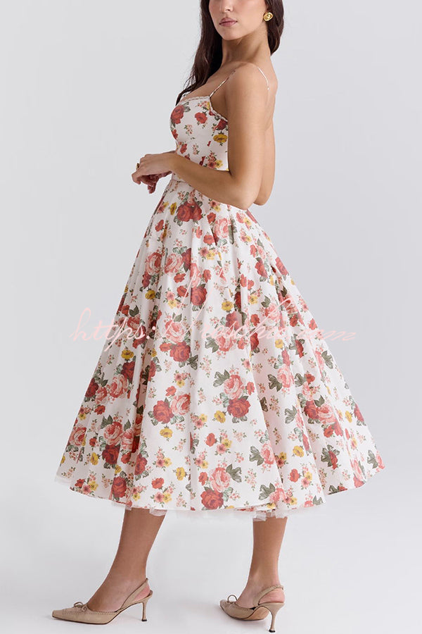 Fairy Tale Gorgeous Italian Rose Print Tulle Pocketed Slip Midi Dress