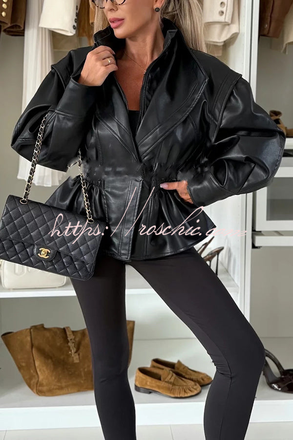 Play It Cool Faux Leather Single Button Elastic Waist Lapel Moto Jacket