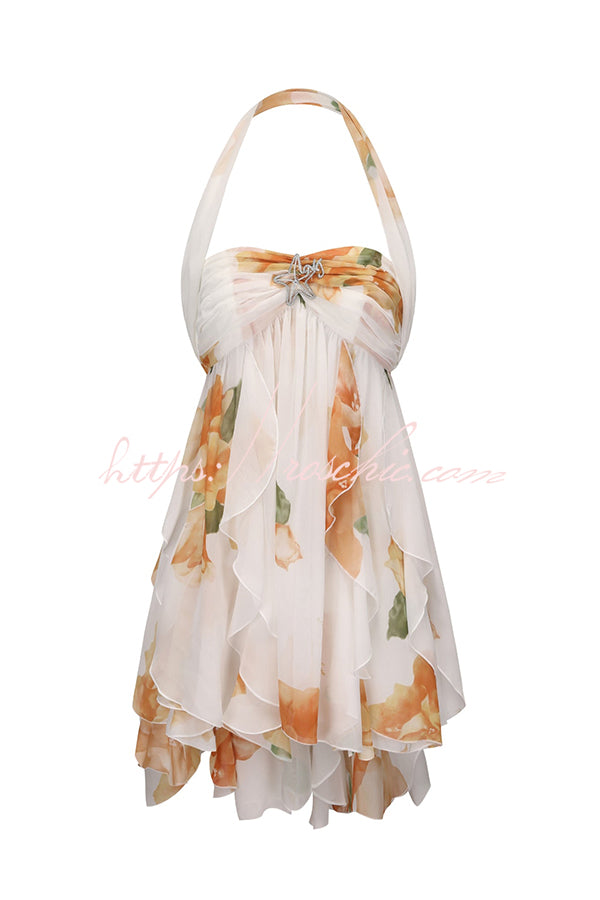 Arabella Floral Print Starfish Brooch Inverted Halter Neck Slit Ruffl –  roschic