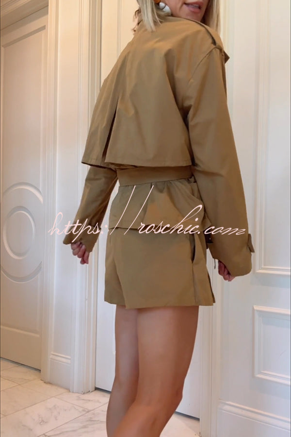 Chic Comfort Epaulettes Contrast Buttons Pocket Belt Cropped Trench Coat