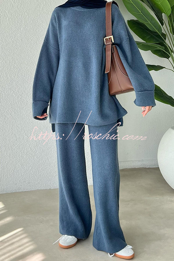 Solid Color Loose Long-sleeved Knit Top and Elastic Waist Casual Straight Leg Pants Set