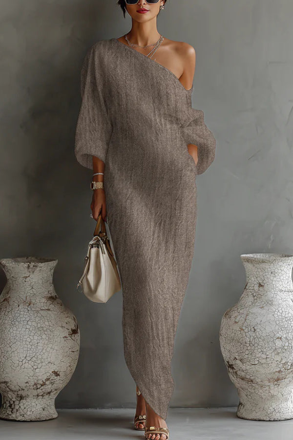 Linen Blend Loose-Fitting One-Shoulder Lantern Sleeve Casual Pocket Maxi Dress, Khaki / M