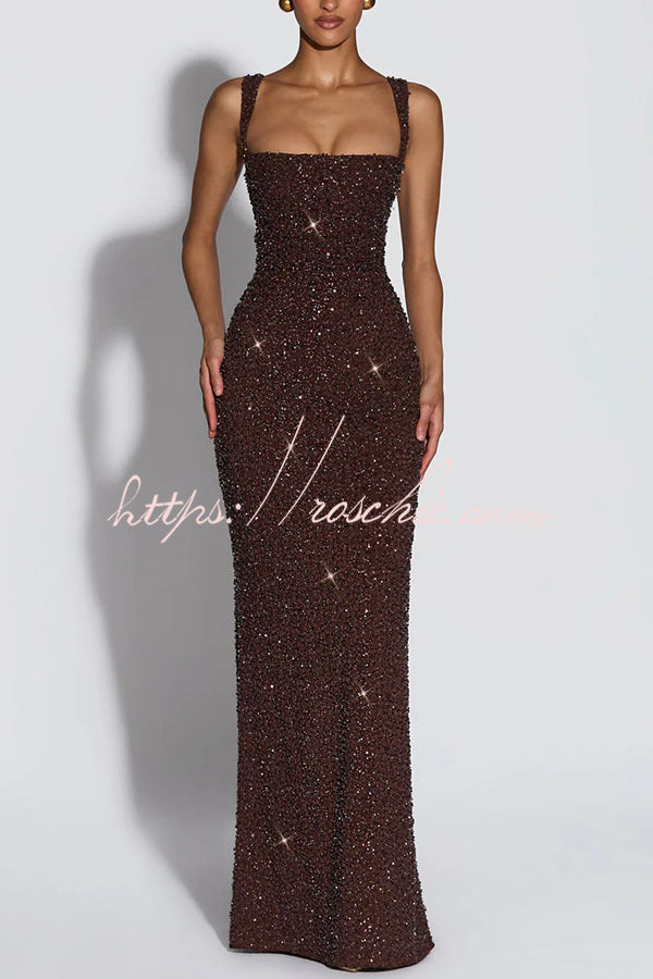 Calanthe Sequin Embellished Chiffon Ruched Square Neck Back Lace-Up Maxi Dress, Brown / S