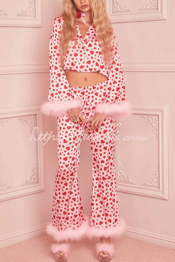 Gift of Love Heart Printed Feather Trim Crop Top Elastic Waist Pajama Set