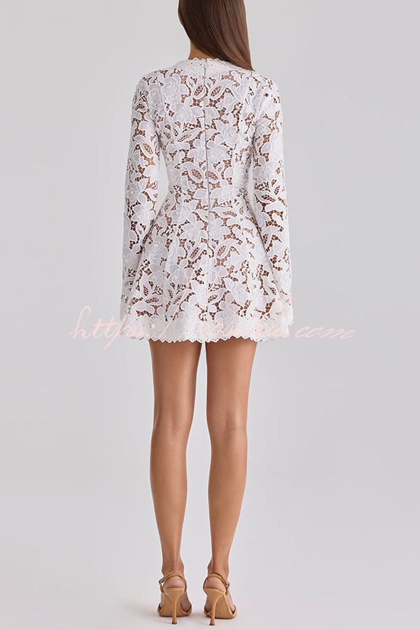 short dress patterns with lace Bianca Floral Pattern Lace Trim Tie-up V-neck Long Sleeve Mini D – roschic summer party dress Lime Lush Lavender Bridesmaid Dresses - Select Knitwear Size:S