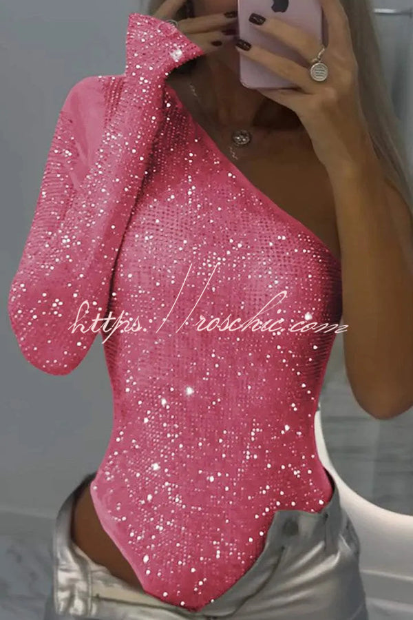 Solid Color Sequined One-shoulder Slim-fit Rompers