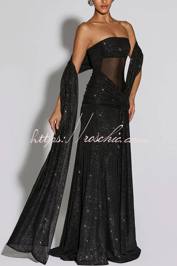 Paula Sequined Mesh and Jersey Off Shoulder Ruched Knot Drape Shawl Maxi Dress