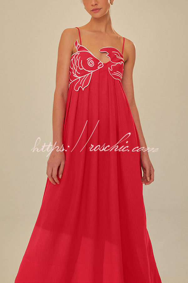 Red Fish Embroidered Sling Backless Maxi Dress