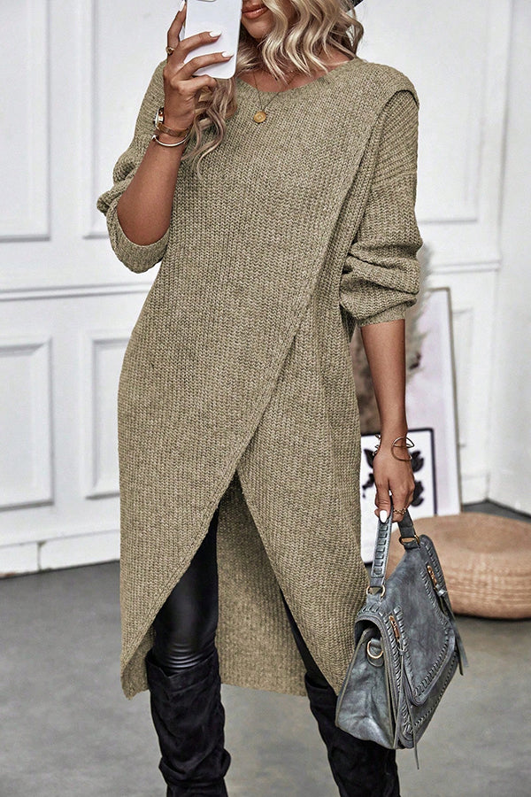 Solid Color Round Neck Long Sleeve Loose Slit Knitted Sweater