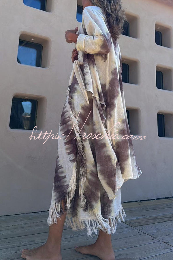 Kailani Linen Blend Tie-dye Print Irregular Hem Duster Kimono