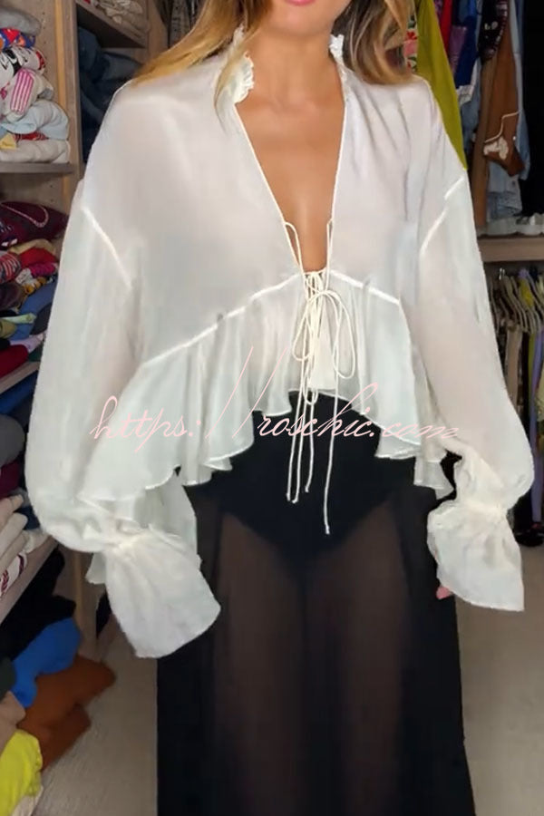 Boho Forever Chiffon Ruffles Balloon Sleeve Tie-up Blouse