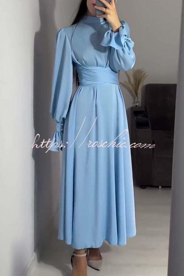 Solid Color Ruffled Sleeves Waisted Tie Slim Fit Maxi Dress