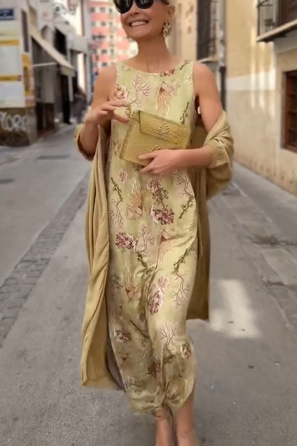 Riviera Unique Print Slit Tank Midi Dress and Satin Kimono Cover-up Two Pieces Set
