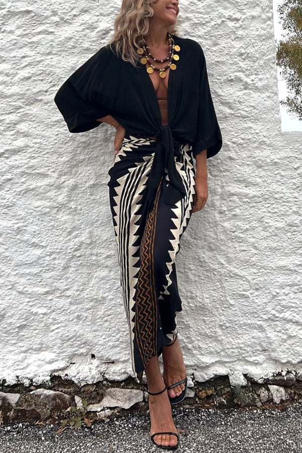 Astra Ethnic Print High Waist Ruched Wrap Maxi Skirt