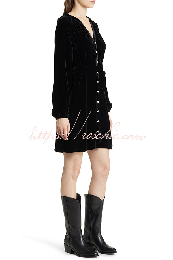 Solid Color Velvet Long-sleeved V-neck Lace-up Mini Dress